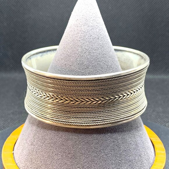 VTG Sterling Silver 925 Textured Twist Rope Design Cuff Bracelet Size 1.25" Wide - Picture 5 of 15